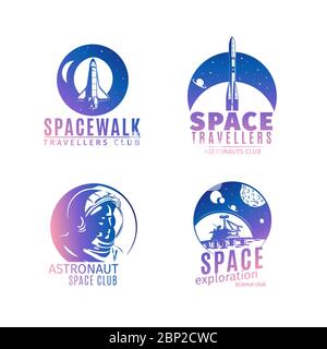 Logo spazio colorato in stile retrò. Etichette e badge astronautici vintage con astronauta, razzo spaziale e casco isolati su sfondo bianco, illustrazione vettoriale Illustrazione Vettoriale