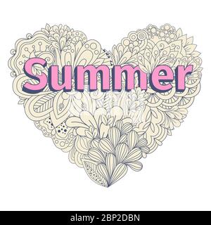 Colore pastello cuore doodle da foglie e fiori per carta, stampa, invito, illustrazione vettoriale Illustrazione Vettoriale