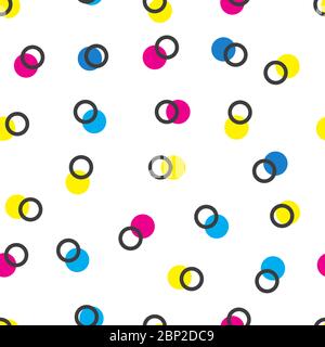 Motivo senza cuciture con cerchi di colore: Magenta, giallo, blu, nero. Stampa aziendale per la tipografia. Sfondo geometrico astratto. Illustrazione Vettoriale