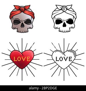 Vettore modello tatuaggio cranio e cuore. Elementi di colorazione della linea con campioni di colore Illustrazione Vettoriale