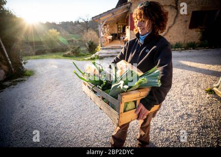 I produttori locali si riuniscono per vendere la loro produzione di prodotti freschi nel sistema di azionamento, Dordogne, Francia. Foto Stock