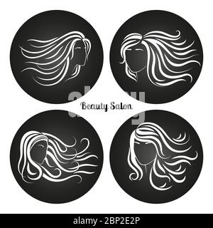 Set di emblemi di bellezza donna. Loghi da lavagna con sagome femminili della testa, illustrazione vettoriale Illustrazione Vettoriale