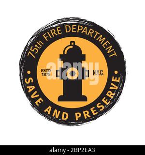 Progettazione di etichette vettoriali per grunge del reparto antincendio. Logo vigili del fuoco su sfondo bianco Illustrazione Vettoriale