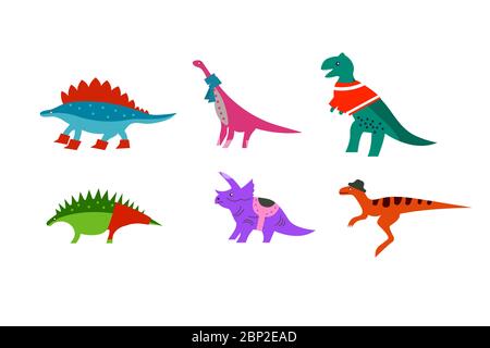 Set di divertente fresco Dino in abiti per la festa di compleanno del bambino. Raccolta di personaggi di dinosauri cartoni animati per divertimento Illustrazione Vettoriale
