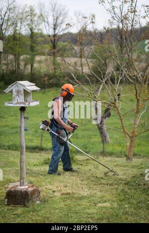 Paesaggista che utilizza una taglierina termica a spazzola. Foto Stock