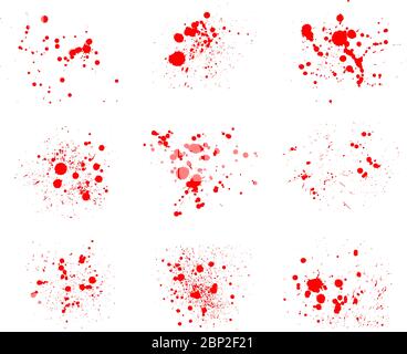 Blot di spruzzi rossi. Prelevare macchie di sangue isolate su sfondo bianco, gocce di sangue del set di gocciolamenti gocciolando le texture spray Illustrazione Vettoriale