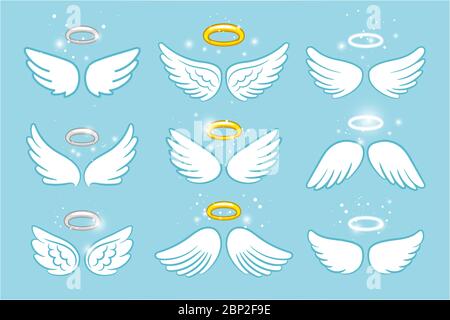 Ali e nimbus. Angel alato gloria Halo carino disegni cartoon illustrazione vettoriale su sfondo blu Illustrazione Vettoriale