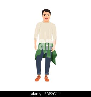 Il ragazzo con il maglione legato alla vita isolato vettore illustrazione su sfondo bianco Illustrazione Vettoriale