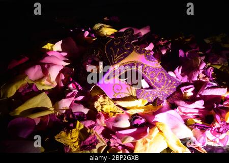 una maschera su un letto di petali di rosa Foto Stock