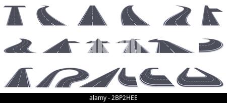 Strada. Curve strade asfaltate, curve strade prospettiche, curve curve curve viarie strade cittadine isolate vettoriali illustrazione set Illustrazione Vettoriale