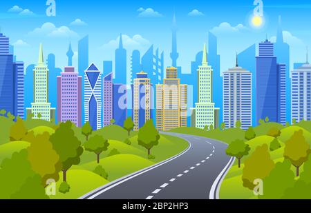 Paesaggio urbano. Autostrada urbana con skyline della città e area del parco, centro, vista autostrada e paesaggio natura scena illustrazione vettoriale Illustrazione Vettoriale