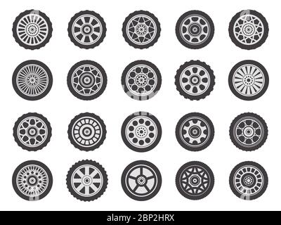Cerchi delle ruote. Pneumatici ruote in gomma per autoveicoli, cingoli battistrada per pneumatici auto, ruote in gomma per auto da corsa pneumatici icone vettoriali set Illustrazione Vettoriale
