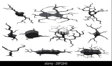 Terreno cracke texture. Terremoto ha rotto il foro della superficie, danni crazellure effetti del suolo. Danni terra incrinature icone vettoriali di illustrazione impostate Illustrazione Vettoriale