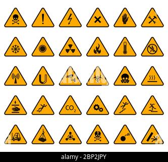 Segnali di avvertenza. Attenzione attenzione attenzione segnale giallo, pericolo alta tensione e pericolo biologico icone vettoriali triangolari impostate Illustrazione Vettoriale