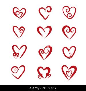 Simboli cardiaci isolati su sfondo bianco. Icone disegnate a mano rossa per amore, matrimonio, San Valentino o altro design romantico. Illustrazione Vettoriale