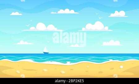 Paesaggio di Cartoon spiaggia. Estate oceano spiaggia sabbiosa, vacanza tropicale vista, mare natura paradiso paesaggio vettore sfondo illustrazione Illustrazione Vettoriale