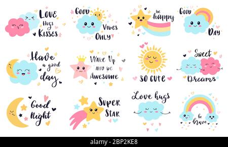 Etichette per bambini carine. Adesivi decorativi per bambini sole, nuvole e arcobaleno, simpatici bambini sorridenti personaggi meteo vettoriali simboli di illustrazione set Illustrazione Vettoriale