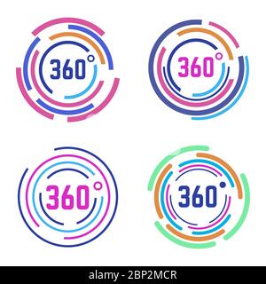 Segni arrotondati a 360 gradi. Diagramma circolare, panorama angolare di 360 gradi, viste circolari a 360 gradi, serie di icone di illustrazione vettoriale isolate Illustrazione Vettoriale