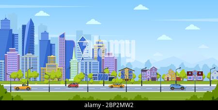 Panorama moderno della città. Città urbana paesaggio urbano e paesaggio naturale con case suburbane. Vista panoramica della grande città, illustrazione vettoriale Illustrazione Vettoriale
