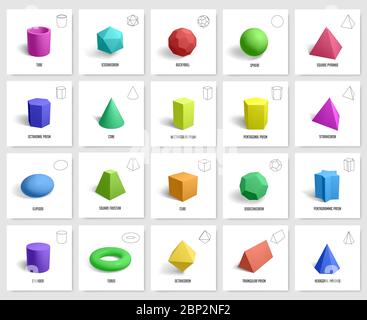 Forme geometriche 3d realistiche. Set di icone di illustrazione vettoriale con prisma geometrico di base, cubo, figure di cilindri, poligono geometrico e forme esagonali Illustrazione Vettoriale
