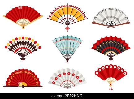 Ventole della carta manuale. Asian tradizionale ventilatore a mano pieghevole, souvenir giapponese, legno cinese mano tradizionale tifosi icone vettoriali illustrazione set Illustrazione Vettoriale