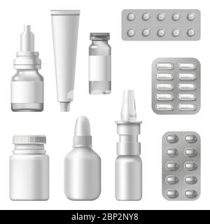 Pacchetti medici realistici. Integratori farmaceutici, farmaci, flacone spray e blister di pillole, mockup di confezionamento di farmaci isolato vettore set Illustrazione Vettoriale