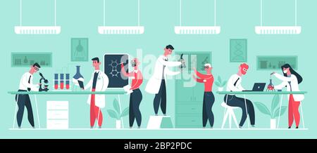 Laboratorio di ricerca scientifica. Ricercatori di scienziati chimici in camici di laboratorio, laboratori ambulatori sperimenta illustrazioni vettoriali isolate Illustrazione Vettoriale