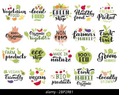 Etichette di frutta e verdura biologica. Frutta vegetariana, verdure scritte distintivi, fresco eco mercato vegan menu timbro isolato vettore icone set Illustrazione Vettoriale