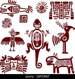 Segni e simboli tradizionali Maya o indiani su sfondo bianco. Illustrazione vettoriale Illustrazione Vettoriale