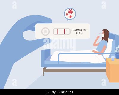 Mano del medico che tiene un kit di prova per la malattia virale COVID-19 con un paziente che si trova e tosse sul letto dell'ospedale. Immagine del risultato del test di Illustrazione Vettoriale