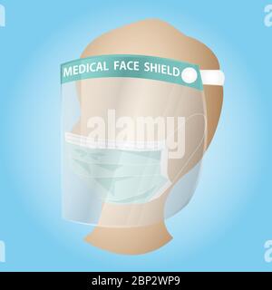 Uomo bianco con protezione facciale in plastica e maschera chirurgica da Coronavirus (CoVID-19). Concetto di set di dispositivi di protezione individuale. Foto Stock