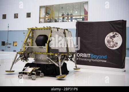 Annuncio commerciale Lunar Payload Services il lander lunare OrbitBeyond è visto, venerdì 31 maggio 2019, al Goddard Space Flight Center di M. Astrobotic, macchine intuitive, e OrbitBeyond sono stati selezionati per fornire i primi pianerottoli lunari per l'esplorazione della superficie lunare del programma Artemis.