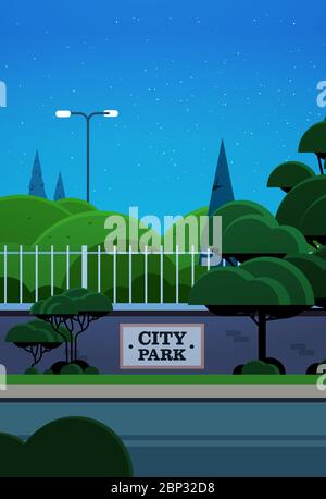 banner city park su recinzione bella notte paesaggio sfondo verticale vettore illustrazione Illustrazione Vettoriale