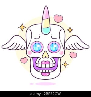 Fumetto Spooky Undead Unicorn Ritratto Vector Illustrazione adatto per la stampa di biglietti d'auguri, poster o T-shirt. Illustrazione Vettoriale