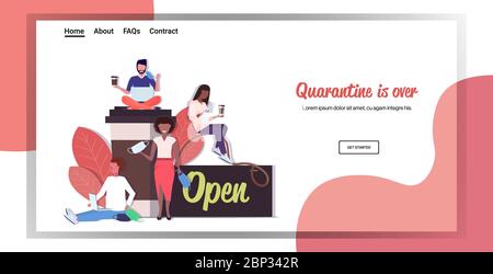 mix razza persone bere caffè quarantena sta terminando coronavirus vittoria vittoria su covid-19 virus orizzontale copia spazio piena lunghezza vettore illustrazione Illustrazione Vettoriale