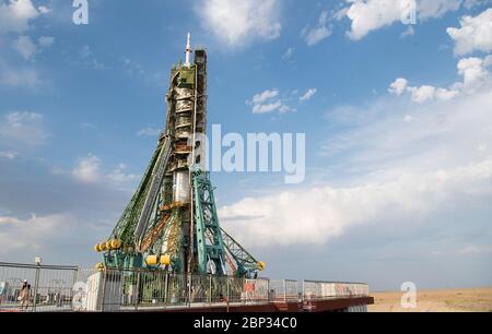 Expedition 60 Preflight il razzo Soyuz con la navicella spaziale Soyuz MS-13 a bordo è visto sulla rampa di lancio dopo l'arrivo dell'ingegnere di volo Expedition 60 Luca Parmitano dell'ESA (Agenzia spaziale europea), ingegnere di volo Drew Morgan della NASA, E il Comandante di Soyuz Alexander Skvortsov di Roscosmo, sabato 20 luglio 2019 al Cosmodromo di Baikonur in Kazakistan. Parmitano, Morgan e Skvortsov saranno lanciati alle 12:28 (ora di Baikonur alle 21:28) il 20 luglio. Foto Stock