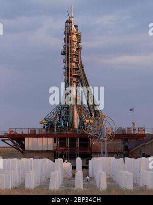 Expedition 60 Preflight il razzo Soyuz con la navicella spaziale Soyuz MS-13 a bordo è visto sulla rampa di lancio dopo l'arrivo dell'ingegnere di volo Expedition 60 Luca Parmitano dell'ESA (Agenzia spaziale europea), ingegnere di volo Drew Morgan della NASA, E il Comandante di Soyuz Alexander Skvortsov di Roscosmo, sabato 20 luglio 2019 al Cosmodromo di Baikonur in Kazakistan. Parmitano, Morgan e Skvortsov sono stati lanciati alle 12:28 (ora di Baikonur alle 21:28). Foto Stock