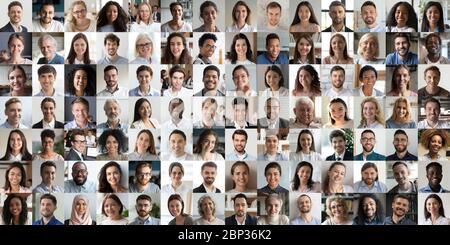 Il mosaico del collage di molte persone multirazziali felici affronta i ritratti delle headshot Foto Stock