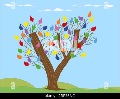 insolito albero dipinto con tre tronchi e foglie colorate su uno sfondo chiaro. imitazione del disegno dei bambini Illustrazione Vettoriale