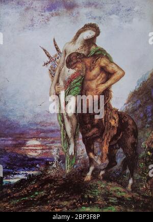 "Il poeta morto portato da un centauro", di Gustave Moreau (1826-1898), una figura importante del movimento sinbolista francese, la cui enfasi principale era l'illustrazione di figure bibliche e mitologiche. Durante la sua vita, Moreau ha prodotto più di 8,000 dipinti, acquerelli e disegni che influenzano la prossima generazione di Symbolisti, in particolare Odilon Redon e Jean Delville. Foto Stock
