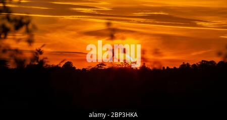 Wimbledon, Londra, Regno Unito. 17 maggio 2020. Il sole arancione brillante illumina il cielo occidentale mentre affonda dietro Wimbledon Hill nel sud-ovest di Londra. Credit: Malcolm Park/Alamy Live News. Foto Stock