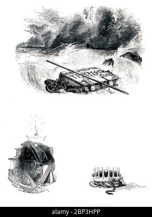 Il frontespizio del libro vittoriano Tempest per la commedia di William Shakespeare su un naufragio su un'isola misteriosa, tratto dal libro illustrato del 1849 Heroines of Shakespeare Foto Stock