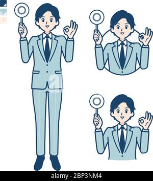 Un giovane uomo d'affari in un vestito con mettere fuori un'immagine del pannello circolare. È arte vettoriale, quindi è facile da modificare. Illustrazione Vettoriale