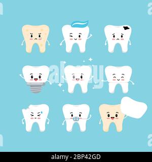 Carino denti emoji dentali icona insieme vettoriale. Illustrazione Vettoriale