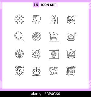 Set di 16 icone moderne dell'interfaccia utente simboli per battito, ricerca, casella, assistenza sanitaria, elementi di disegno vettoriale editabili del cuore Illustrazione Vettoriale