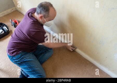 Un uomo di mezza età levigare bordo di bordo prima di verniciarlo come aprt di un progetto DIY. Foto Stock