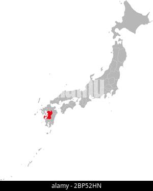 Provincia di Kumamoto evidenziata in rosso sulla mappa del Giappone. Sfondo grigio. Perfetto per concetti aziendali, sfondi, sfondo, adesivi, banner, poster, etichetta, Illustrazione Vettoriale