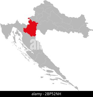 La contea di Karlovac è evidenziata sulla mappa della Croazia. Sfondo grigio chiaro. Perfetto per concetti aziendali, sfondi, sfondo, adesivi, grafici, presentazioni Illustrazione Vettoriale
