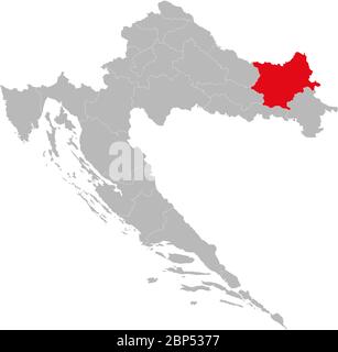 Provincia di Osijek-Baranja evidenziata sulla mappa della Croazia. Sfondo grigio chiaro. Perfetto per concetti aziendali, sfondi, sfondo, adesivi, grafico, presente Illustrazione Vettoriale