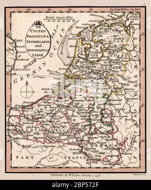 « Province unite, Paesi Bassi e Principato di Liegi ». La mappa mostra divisioni geografiche intorno al 1798, questa è una riproduzione mappa storica splendidamente dettagliata. Originale da un atlante britannico pubblicato dal famoso cartografo William Faden. Foto Stock